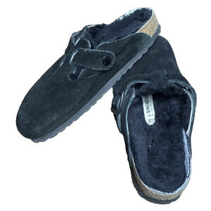 Birkenstock Clogs Boston Shearling Size 38 Black Suede Leather Wool Lined EUC